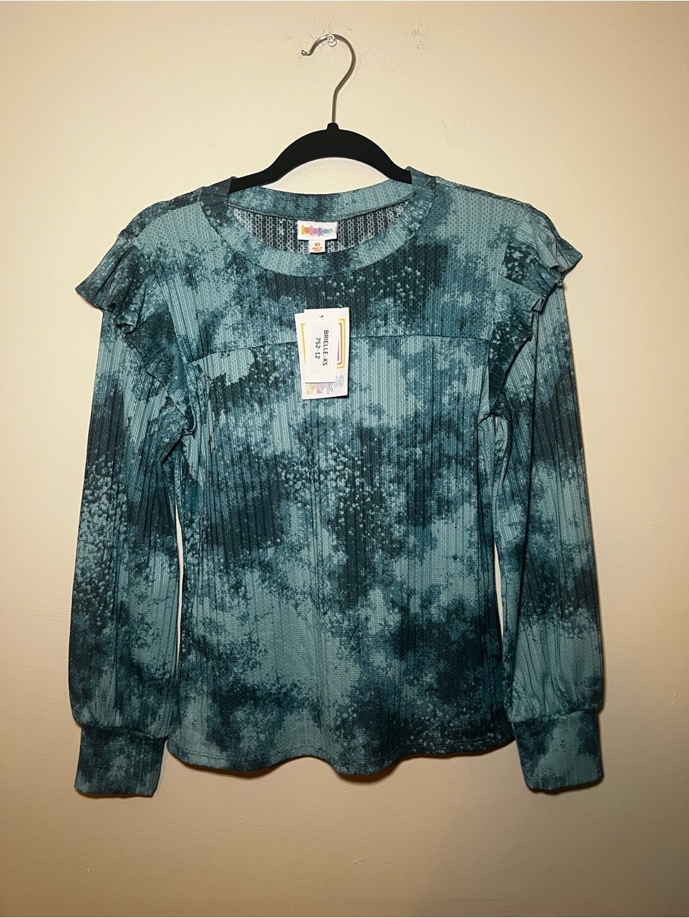 Lularoe Brielle Teal Blue Tie-Dye Ruffle Long Sleeve Top